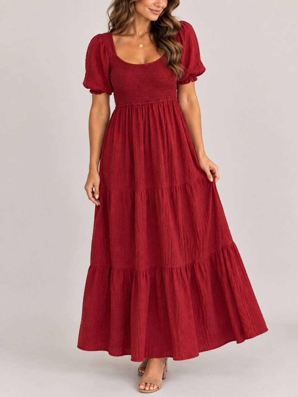 NWT Abercrombie & Fitch Red Smocked Puff Sleeve Maxi Dress Size Medium